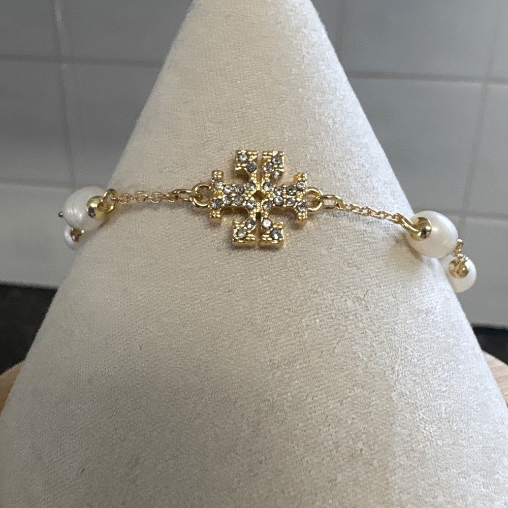 Tory Burch Kira Pearl Chain Bracelet Gold Pave Crystal Logo Women New - Picture 4 of 6